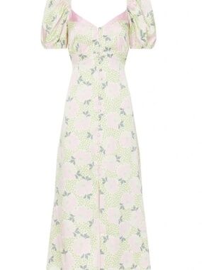 Ted Baker Floral Puff-Sleeve Midi Dress in Light Pink and Sage